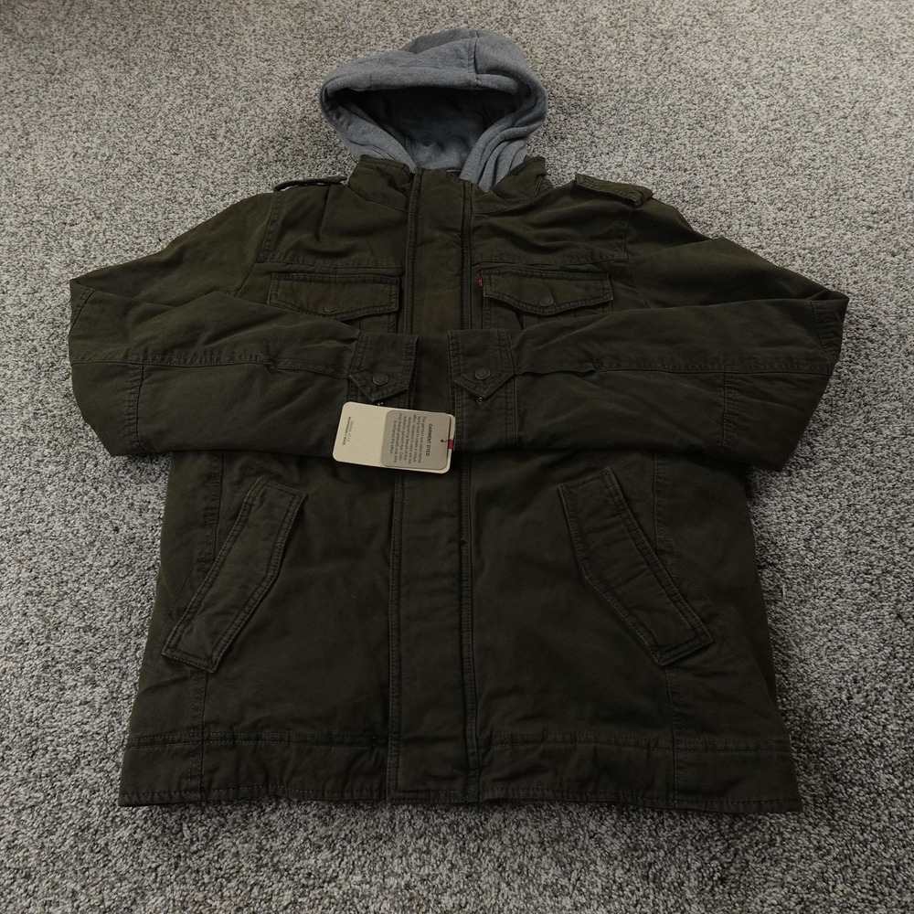 NEW Levis Jacket Mens S Green Hooded Canvas Sherpa Lined Military Outdoor Coat
